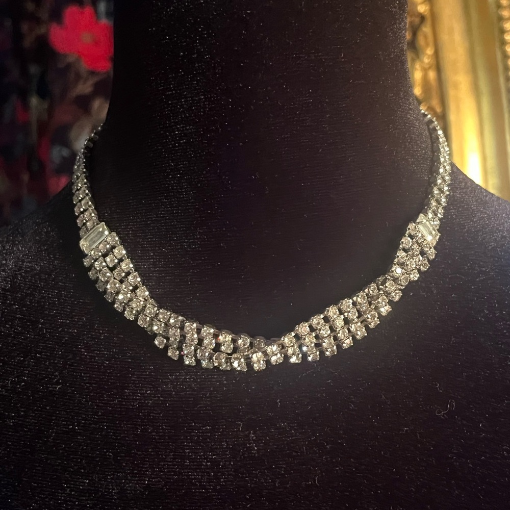 Vintage Rhinestone Choker Braided Silver Tone Necklace